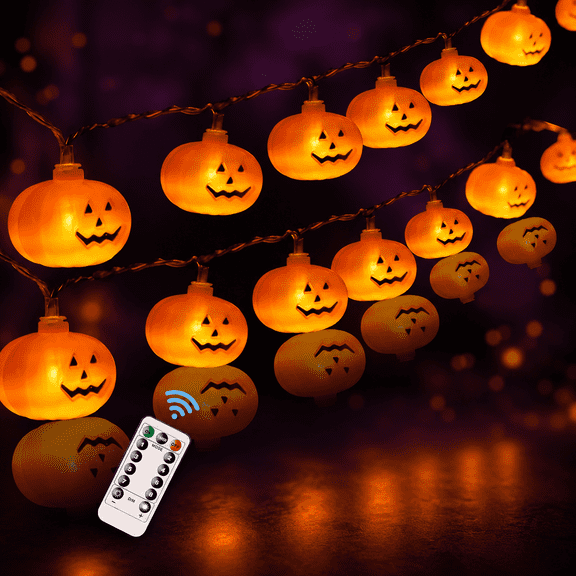 Halloween Lights, 20FT LED Pumpkin String Lights with 8 Lighting Modes, Battery Operated Waterproof Holiday Lights for Indoor Outdoor Halloween Party Decorations