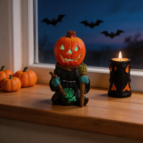 Halloween Lights Indoor 5.5 Inch, LED Light Up Jack O Lantern Wizard Statue, Spooky Cute Desk Pumpkin Decor for Window Bookshelf Display (A)