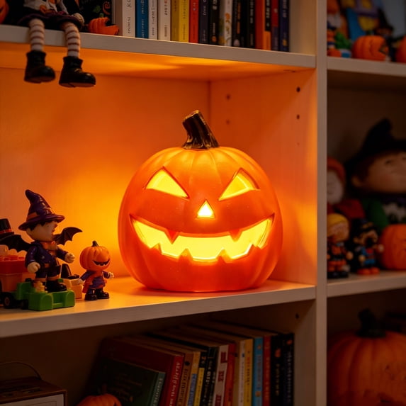 Halloween Lights Pumpkin Decor, Battery Operated Light Up Jack O Lantern with Spooky Carved Triangle Face, LED Plastic Pumpkin Lamp, Classic Glowing Pumpkin for Home Mantel Party