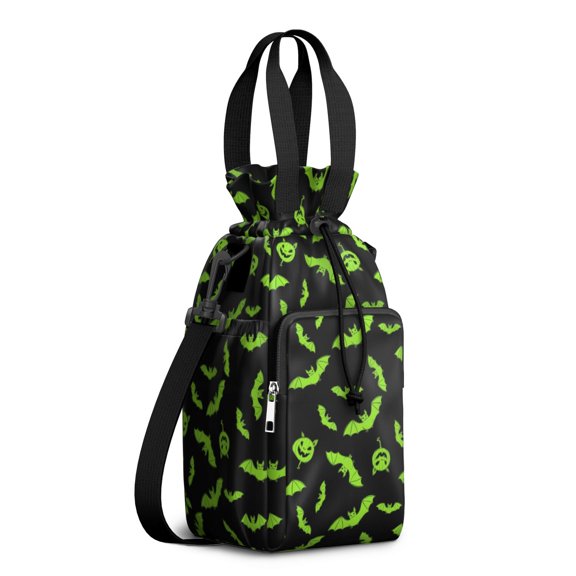 Halloween Lime Green Bat Pumpkin Pattern Water Bottle Holder with Strap, Insulated Drink Pouch with Pockets, Water Resistant Gifts Ideas for Christmas Birthday