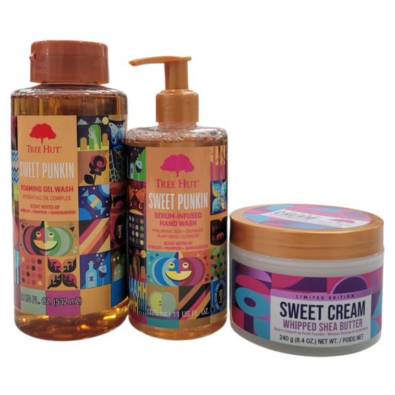 Halloween Limited Edition Tree Hut 3 Piece Set With Sweet Pumpkin Hand Wash (11 fl oz) and Foaming Gel Wash (18 Fl oz), and Sweet Cream Whipped Shea Butter (8.4 oz)