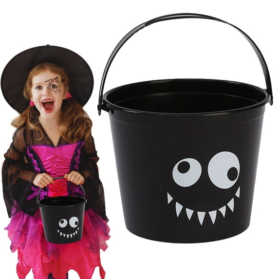 Halloween Limited! Halloween Trick or Treat Bucket, Black Monster Face Plastic Candy Pail with Handle, Kids Halloween Candy Basket for Party Favors and Halloween Decorations