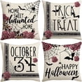 thumbnail image 1 of Halloween Linen Decorative Pillow Covers 18x18 inch Set of 4 Dark Red Flower Bat Spider Throw Pillow Cover Holiday Cushion Case for Sofa Couch, 1 of 5