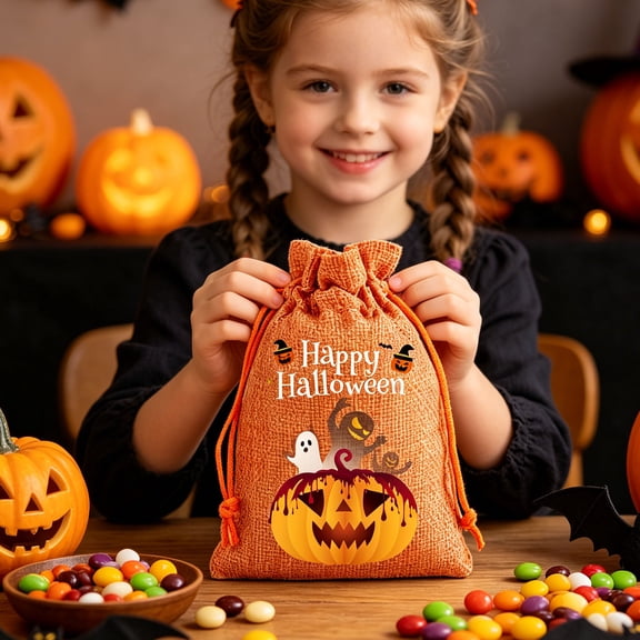 Halloween Linen Drawstring Bags, 4 Pack Pumpkin Jack-o'-Lantern Treat Sacks, Spooky Holiday Party Favor Gift Packaging Pouches