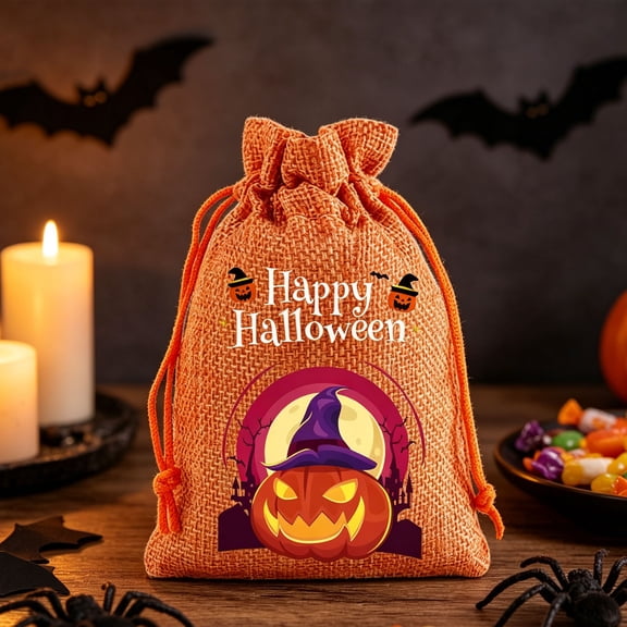 Halloween Linen Drawstring Goodie Bags, 4-Pack Trick-Or-Treat Candy Storage Pouches, Lightweight Mini Hessian Fabric Pumpkin Witch Pattern Sacks For Packing Gifts