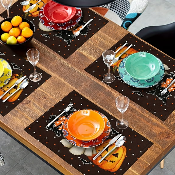 Halloween Linen Placemat Set of 4 Ghost Pumpkin Cat Print Table Dinner Placemat Kitchen Mat Party Decor