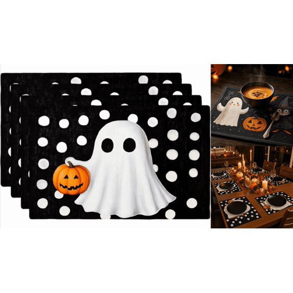 Halloween Linen Placemats With Polka Dot Ghost Pattern, Heat Insulated Stain Resistant Table Mats For Home Kitchen Table Decor