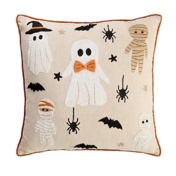 Halloween Linen Throw Pillow Cover Only, Hand Embroidered Ghost Mummy Star Pattern, Removable Cushion Case for Sofa Couch Decor