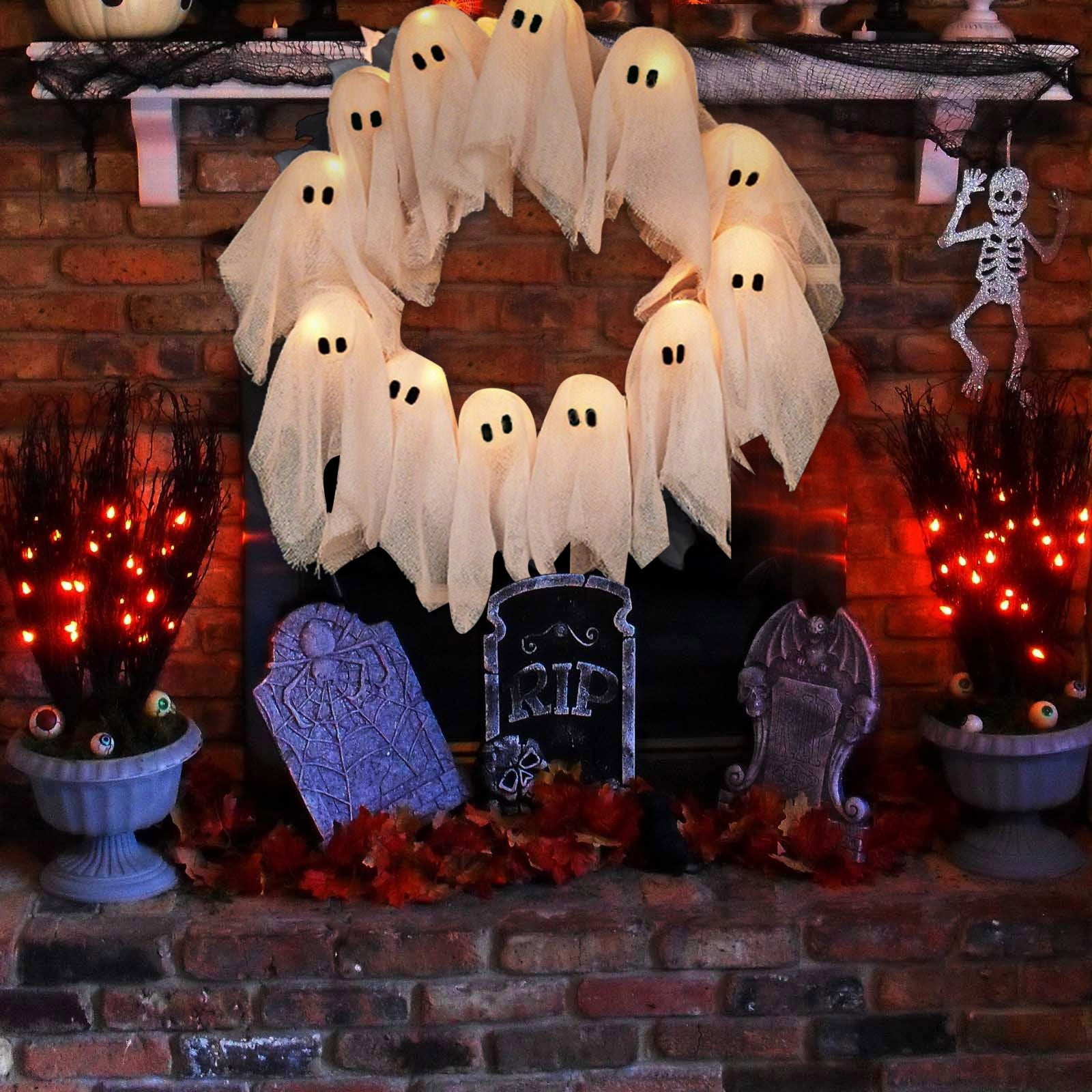Halloween Lit Ghost Wreath with Led 12 Light-up White Ghosts for Front Door Indoor/Outdoor Wall Decor Spooky Halloween Party, Garden, Gate, Yard