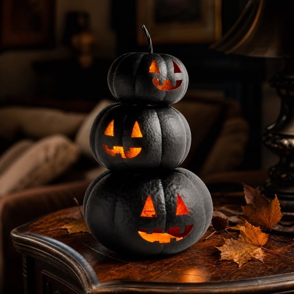Halloween Lit Stacked Hammered Jack-O'-Lantern Decoration – 3-Tier Light-Up Halloween Indoor/Outdoor Fall Decor with Happy Ghost Faces – Cute Pumpkin Tower for Porch Tabletop