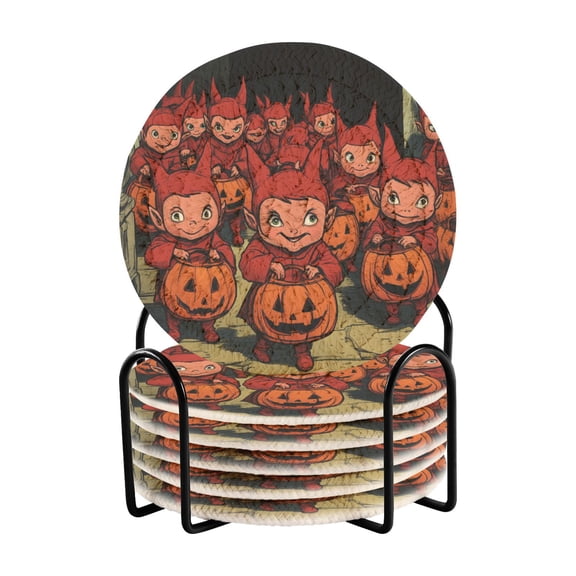 Halloween Little Devil Drink Coasters with Holder Absorbent Coaster for Coffee Table Room Decor 6 Pack