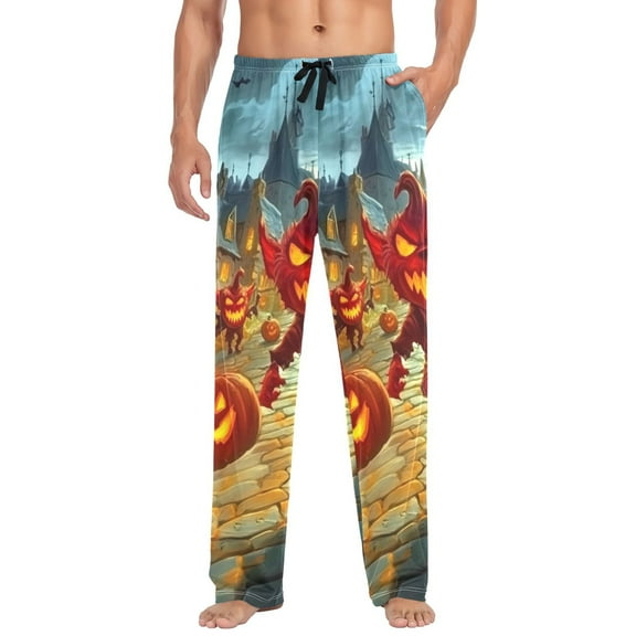 Halloween Little Devil Pumpkin Lights Mens Cotton Pajama Pant Sleep and Lounge Bottons with Pockets