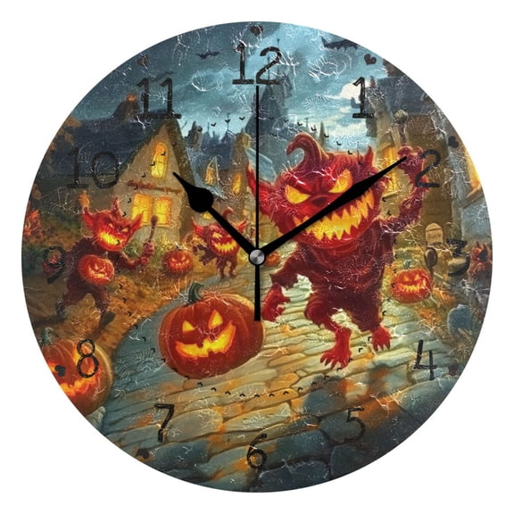 Halloween Little Devil Pumpkin Lights Round Wall Clock Silent Battery Operated Home Decor for Living Room Bedroom