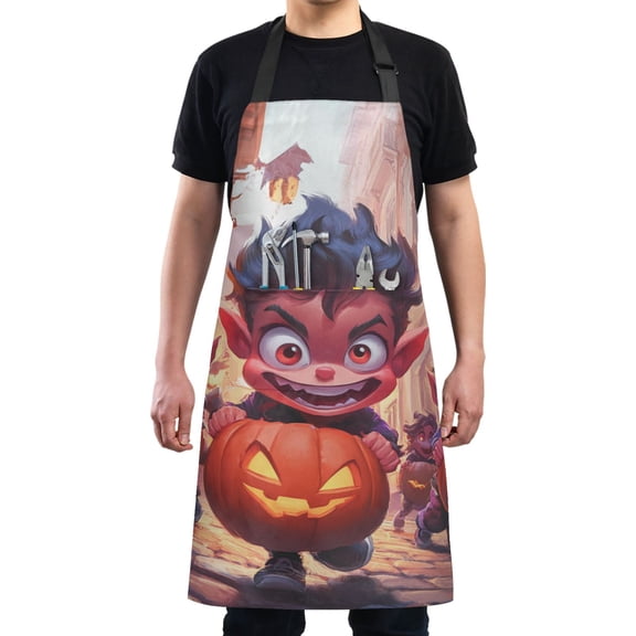 Halloween Little Devil on The Street Chef Kitchen Apron with Pockets for Women Waterproof Aprons for Cooking Baking