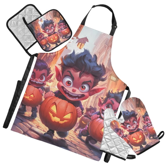 Halloween Little Devil on The Street Oven Mitts and Pot Holders with Chef Apron Set 5 Pcs Kitchen Cooking Set