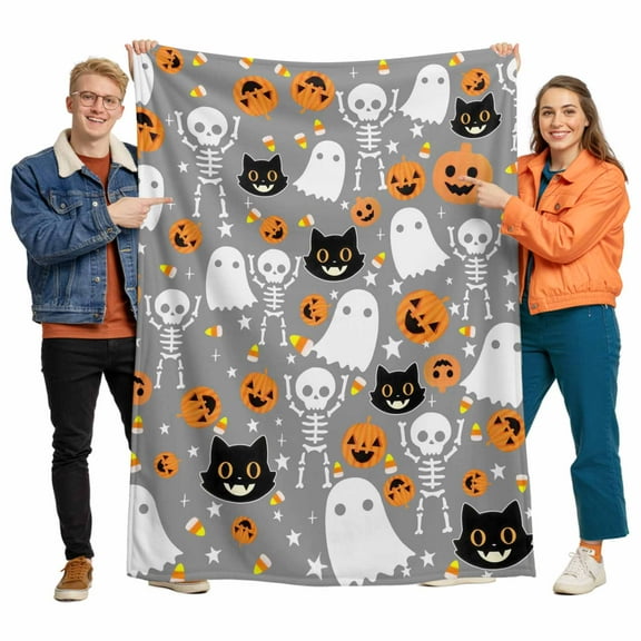 Halloween Little Flannel Blanket for Bed,Travel and Camping, Boo Grey Pumpkin Ghost Black Cat Skull Super Soft Cozy Blanket for All Seasons 30"x40"