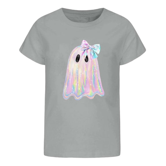 Halloween Little Girls Graphic Tee Shirts Ghost Bowknot Print Short Sleeve Tee kids Casual Tops Size 7-8T
