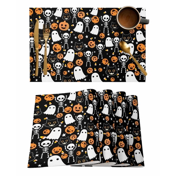 Halloween Little Placemats Set of 1 Boo Black Pumpkin Ghost Black Cat Skull Heat Insulation Washable Place Mats, Rustic Non-Slip Table Mats for Dining Table Party Kitchen Decor,13x19 Inch