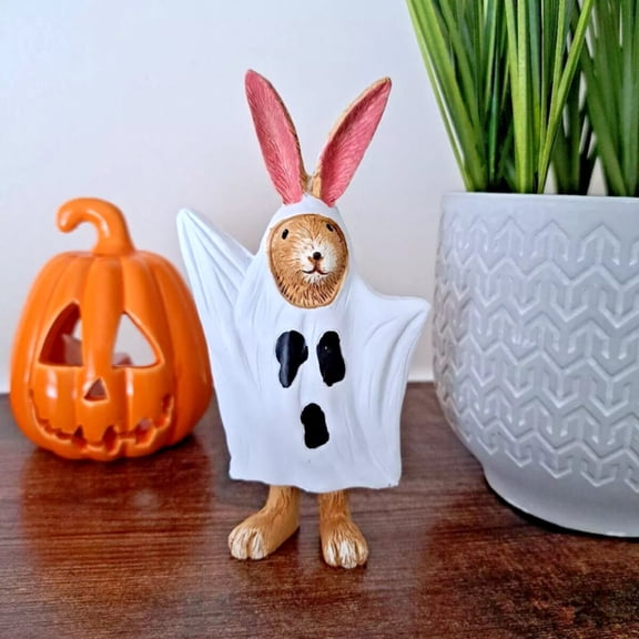 Halloween Little Rabbit Ghost Resin Craft Ornament, Cute Bunny Ghost Figurine for Home Desk Shelf Tabletop Decor, Spooky Rabbit Ghost Statue for Festival Party Atmosphere Decoration