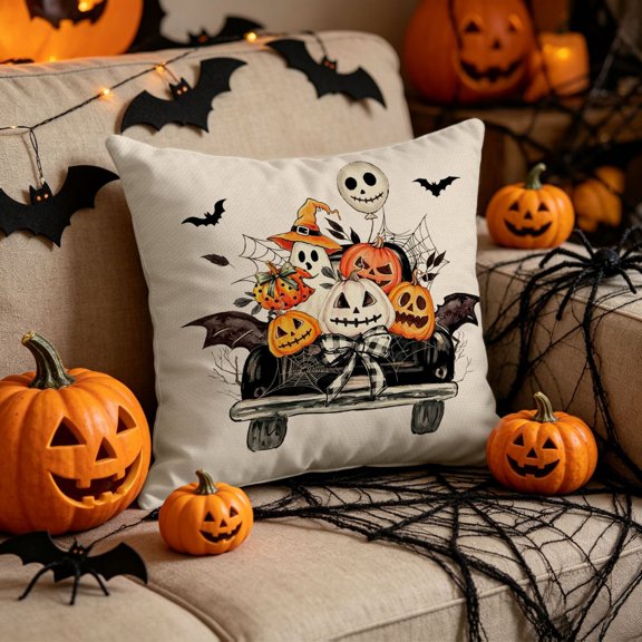 Halloween Living Room Decor, 18X18 Inch Spooky Cute Vintage Halloween Pillow Cover, for Indoor Family Gathering Bedroom Accent Seasonal Halloween Room Decor, Off-White Base