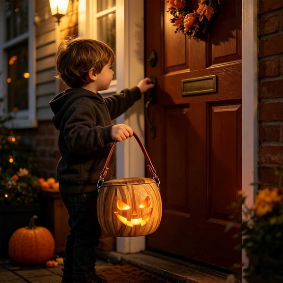 Halloween Log Pumpkin Accurate with Leather Handle, Spooky Lift O Lamp Candy Synthetic for Full, Portable Treat Pail for Party Home Style Storage