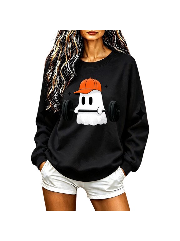 Halloween Long Sleeve Crew Neck Sweatshirt For Women,Cute Sporty Ghost Holding a Barbell Funny Print Top, Casual Loose Comfortable Lightweight Halloween Pullover Blouse