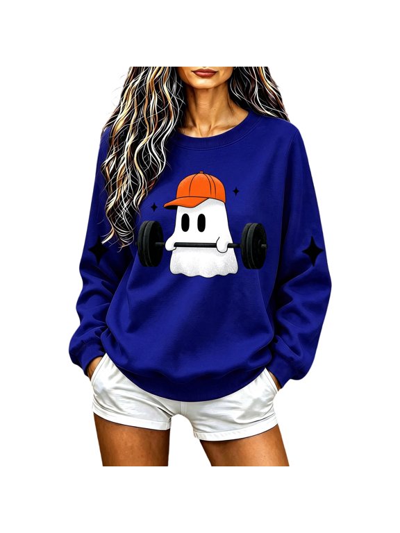 Halloween Long Sleeve Crew Neck Sweatshirt For Women,Cute Sporty Ghost Holding a Barbell Funny Print Top, Casual Loose Comfortable Lightweight Halloween Pullover Blouse