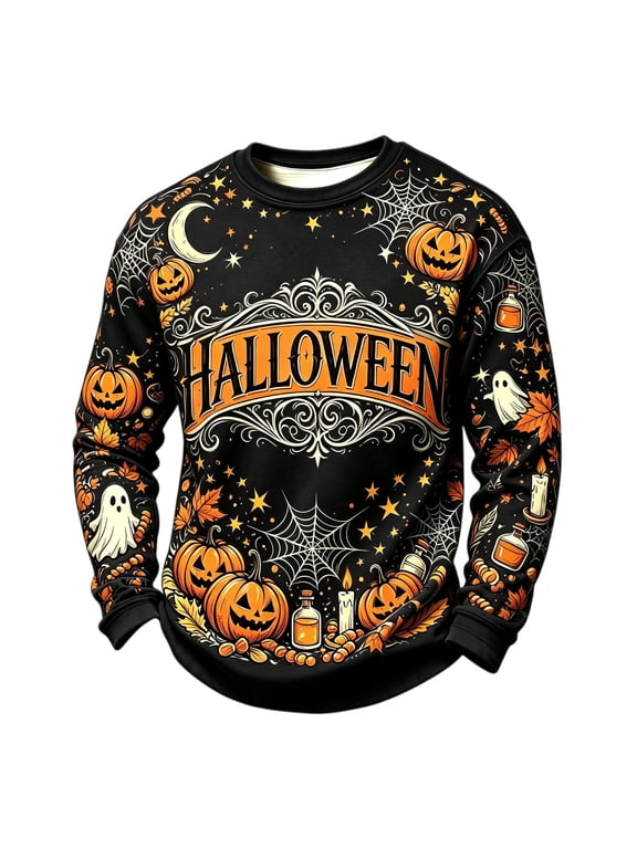 Halloween Long Sleeve Crew Neck Top for Men, Comfortable Soft Relaxed Fit Fall Wear, Vintage Pumpkin Ghost Print Casual Costume for Holiday Gathering,XXL,Black
