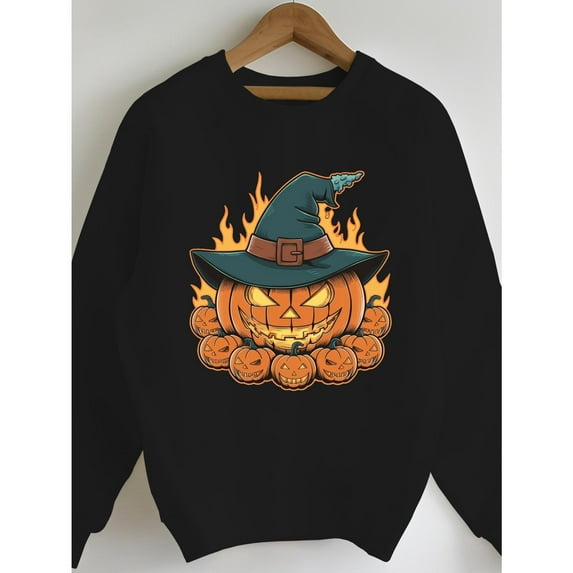 Halloween Long Sleeve Round Neck Pumpkin Graphic Sweatshirt Top Hat Flame Design Spooky Black S-3XL