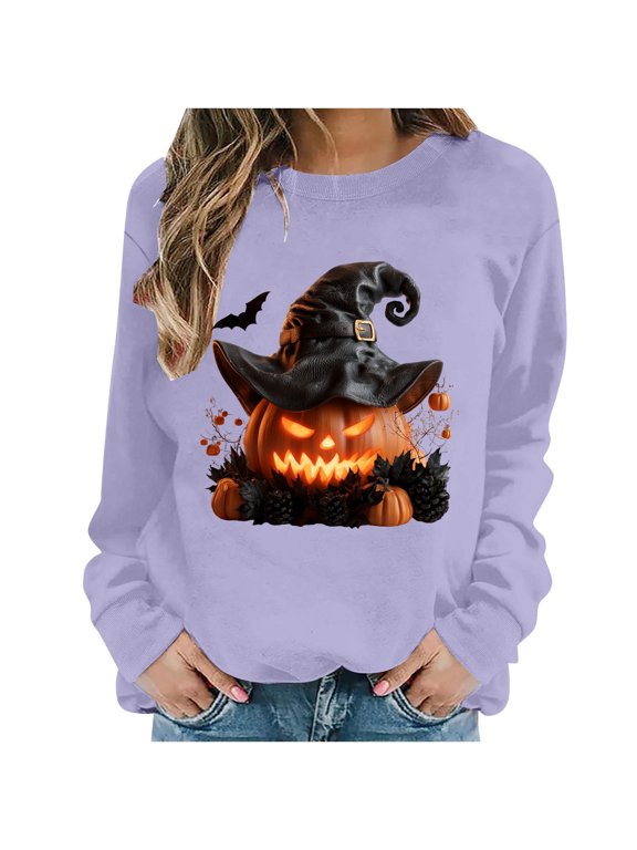 Halloween Long Sleeve Round Neck Soft Sweatshirt For Women, Funny Pumpkin Image Graphic With Wizard Hat, Loose Comfortable Fashion Blouse Top