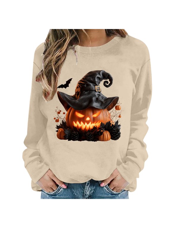 Halloween Long Sleeve Round Neck Soft Sweatshirt For Women, Funny Pumpkin Image Graphic With Wizard Hat, Loose Comfortable Fashion Blouse Top