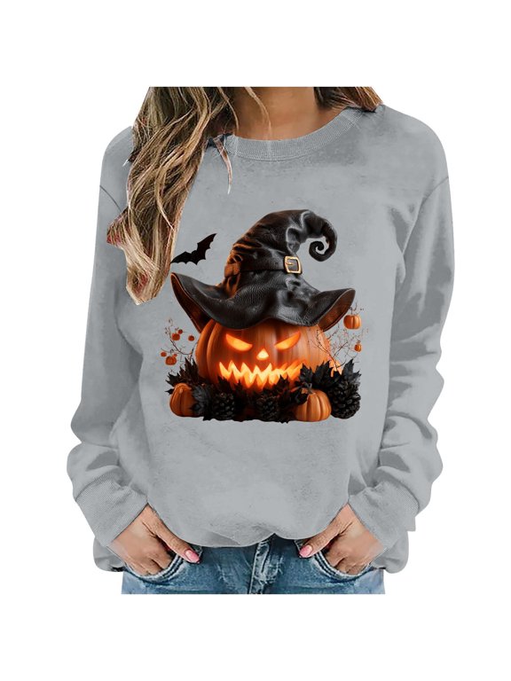 Halloween Long Sleeve Round Neck Soft Sweatshirt For Women, Funny Pumpkin Image Graphic With Wizard Hat, Loose Comfortable Fashion Blouse Top