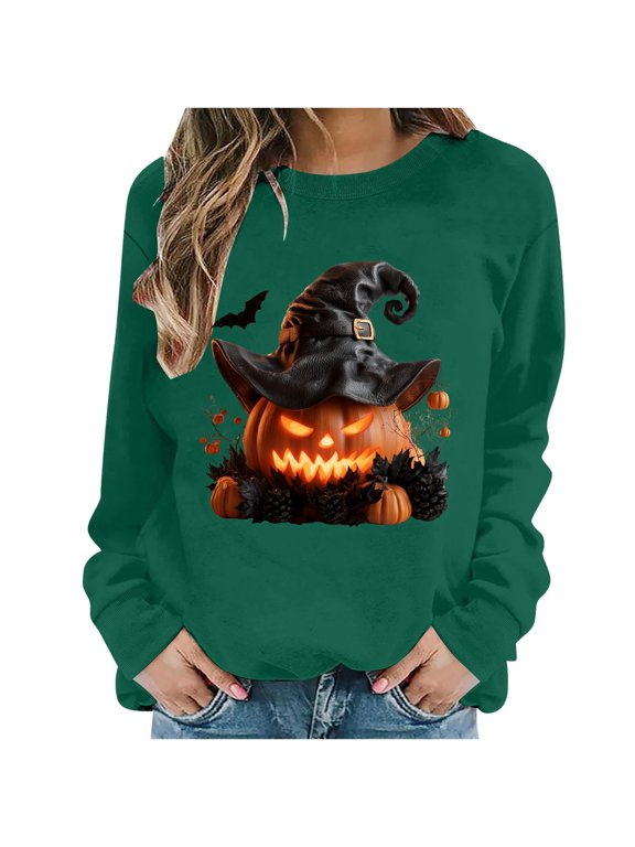 Halloween Long Sleeve Round Neck Soft Sweatshirt For Women, Funny Pumpkin Image Graphic With Wizard Hat, Loose Comfortable Fashion Blouse Top