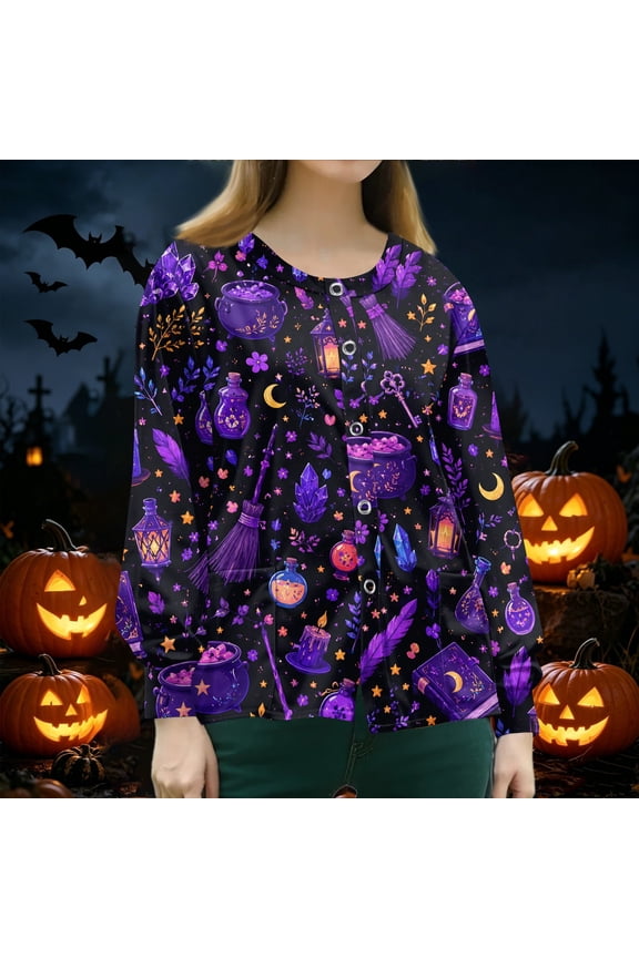 Halloween Long Sleeve Scrub Tops Women Snap Front Lightweight Scrub Jackets Funny Pumpkin Ghost Medical Uniform Soft Breathable Nurse Working Uniform Purple 4XL