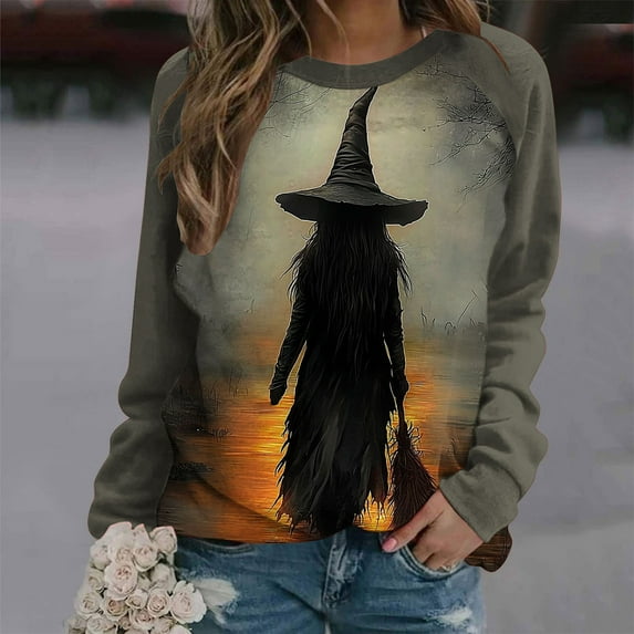 Halloween Long Sleeve Shirts Women Plus Size Sanderson Sisters Graphic Raglan Long Sleeve Sweatshirt Oversized Crewneck T-Shirt Party Vintage Festival Tops 2025 Season Funny GiftsXdegoge