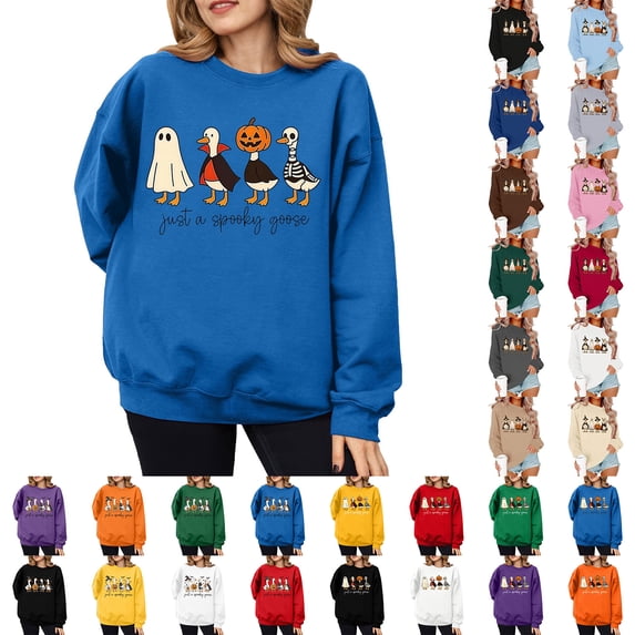 Halloween Long Sleeve Shirts for Women Graphic Tees Spooky Pumpkin Sweatshirt Crewneck Novelty Funny Pullover 2026 Fall Tshirts(B_Blue,XL)
