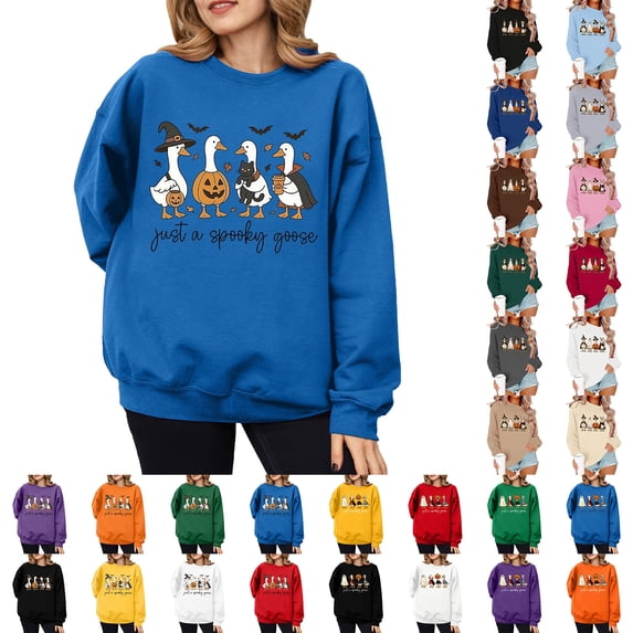 Halloween Long Sleeve Shirts for Women Graphic Tees Spooky Pumpkin Sweatshirt Crewneck Novelty Funny Pullover 2026 Fall Tshirts(C_Blue,XXL)