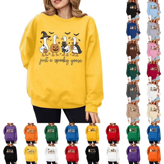 Halloween Long Sleeve Shirts for Women Graphic Tees Spooky Pumpkin Sweatshirt Crewneck Novelty Funny Pullover 2026 Fall Tshirts(C_Yellow,XL)