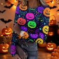 thumbnail image 1 of Halloween Long Sleeve Shirts for Women Slim Ribbed Funny Pumpkin Tunic Blouse Party Crew Neck Spring Day Fashion Clothing Dark Purple S, 1 of 6