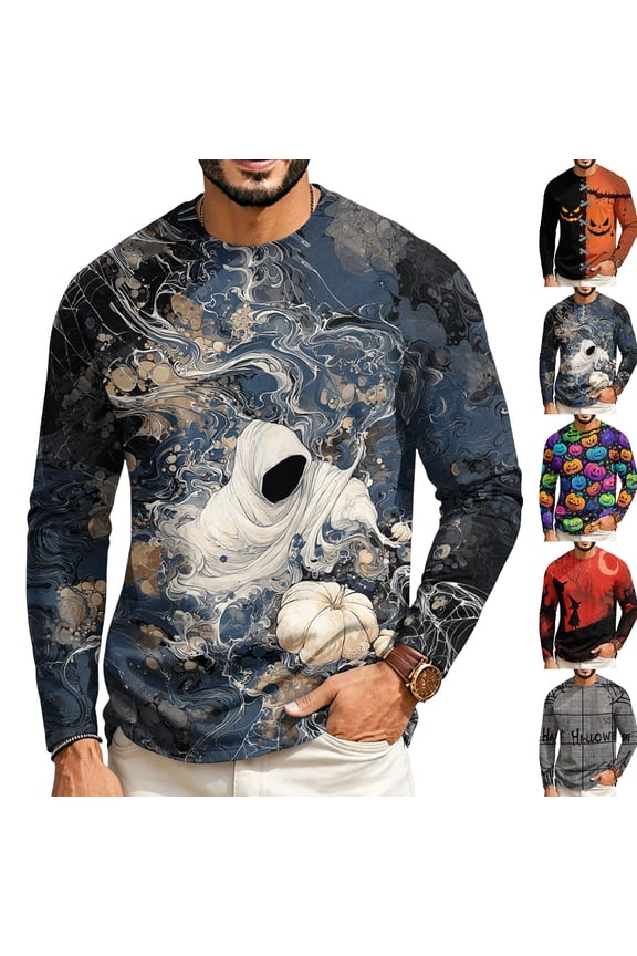 Halloween Long Sleeve T Shirts Funny Spooky Ghost Witch Pumpkin Printed Moisture Wicking Basic Workout Tops for Holiday Streetwear