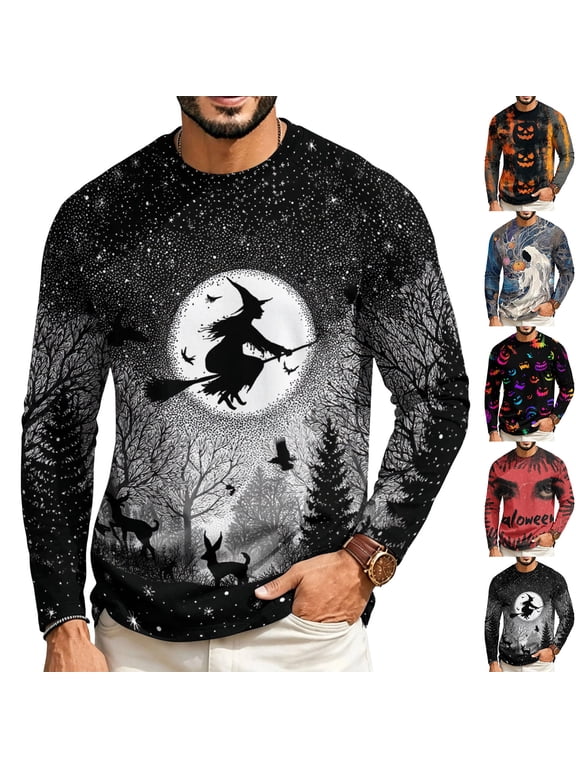 Halloween Long Sleeve Tee Shirt Mens Spooky Ghost Witch Pumpkin Graphic Moisture Wicking Basic Tees for Holiday Wear