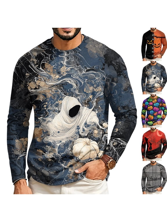 Halloween Long Sleeve Tshirts Mens Spooky Ghost Witch Pumpkin Moisture Wicking Basic Tees for Holiday Streetwear