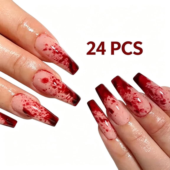 Halloween Long Trapezoidal Press On Nails, 24PCS White French Fake Nails, Blood Drop Gothic Nail Patches, Detachable Long Lasting Artificial Nail Art for Horror Party Cosplay
