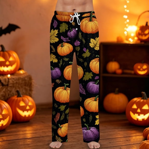 Halloween Lounge Pants for Men, Drawstring Sleep Bottoms with Psychedelic Rainbow Pumpkin & Star Print, Soft Lightweight Casual Trousers, Elastic Waist Pajama Leggings, 1 Pair Orange XXL