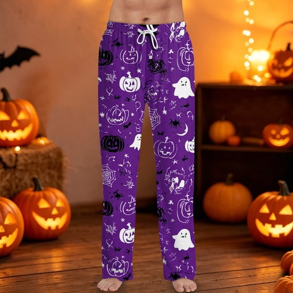 Halloween Lounge Pants for Men, Drawstring Sleep Bottoms with Psychedelic Rainbow Pumpkin & Star Print, Soft Lightweight Casual Trousers, Elastic Waist Pajama Leggings, 1 Pair Dark Purple XXL