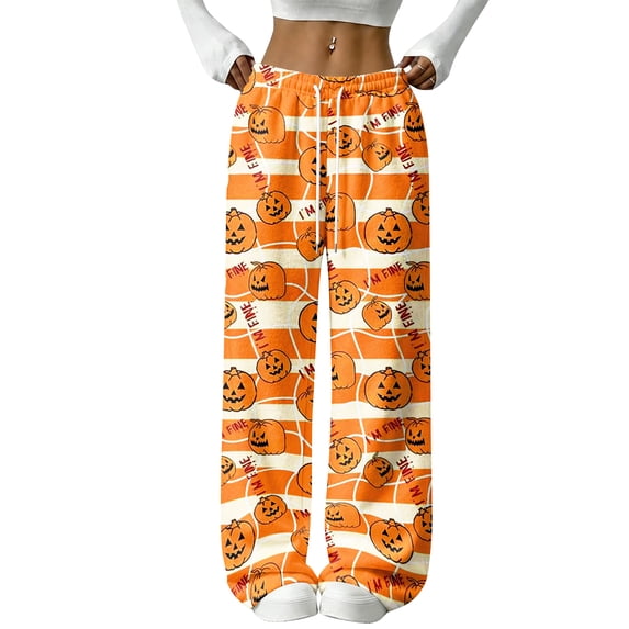Halloween Lounge Pants for Women Sweatpants Wide Leg Spooky Print Baggy Fall 2026 Casual Joggers Pajama Sleepwear Holiday Costumes with Pockets,L,Orange
