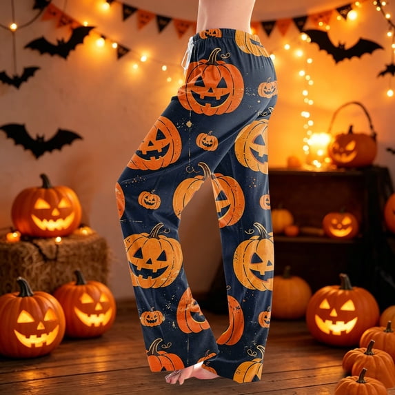 Halloween Lounge Pants for Women Spooky Ghost Print Stretch Casual Pajama Pants Drawstring