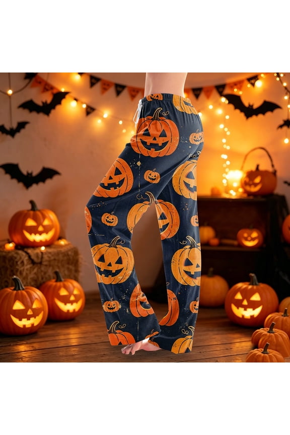 Halloween Lounge Pants for Women Spooky Ghost Print Stretch Casual Pajama Pants Drawstring