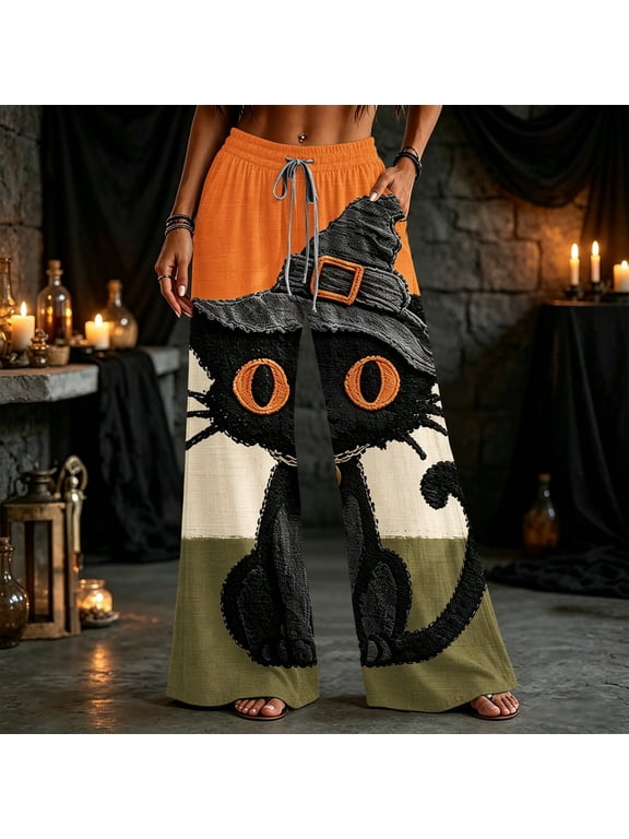 Halloween Lounge Pants for Women Witch Cat Print High Waist Baggy Pjs