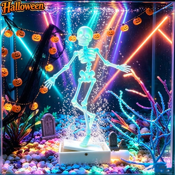 Halloween Luminous Dancing Skeleton Aquarium Ornament, Glow Dancing Fish Tank Bubbler Decor, Daytime Swinging Skeleton, Air Pump Compatible Halloween Tank Decorations Indoor for All Fish Lovers
